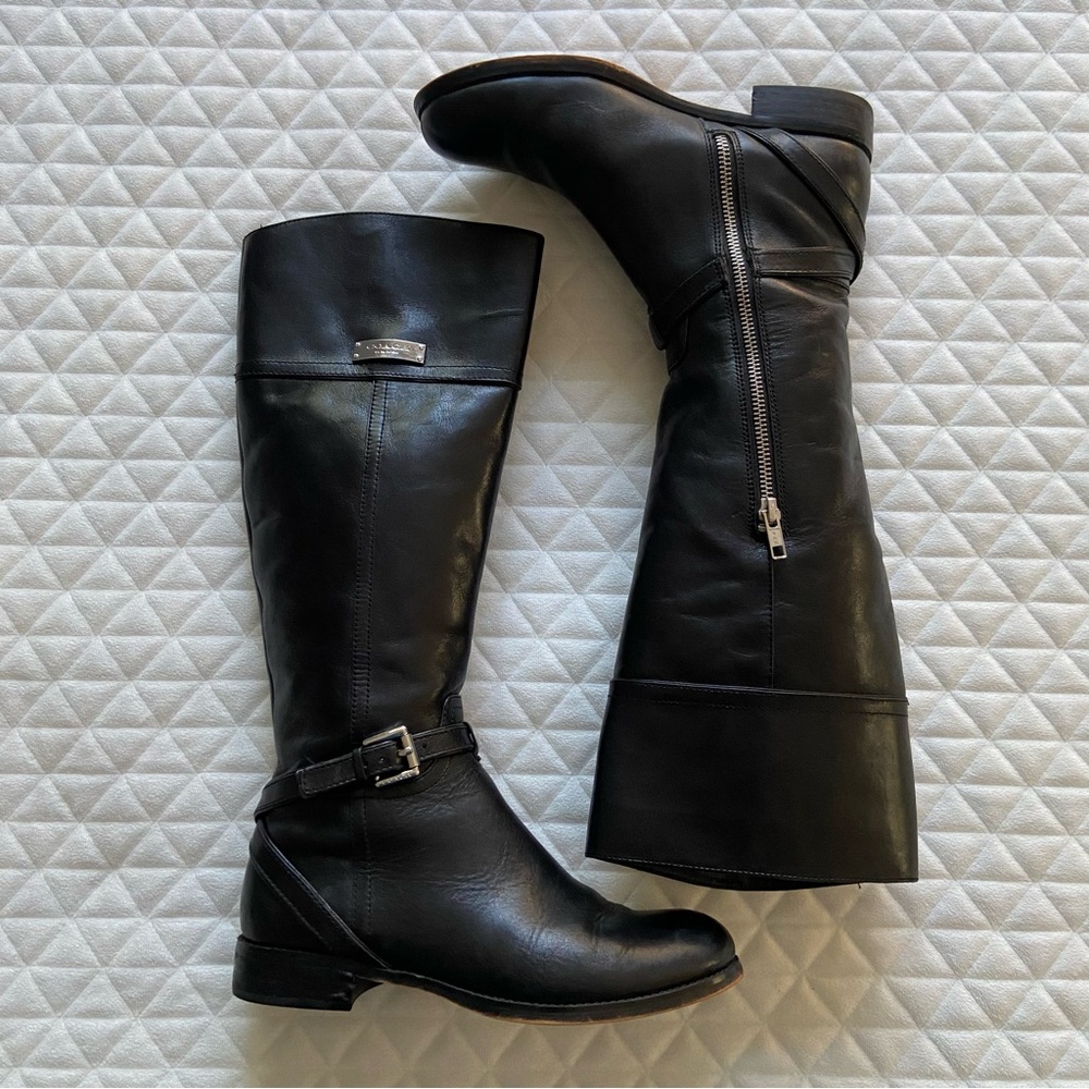 Coach Micha Black Leather Tall Riding Boots Size 6 Silver Tone Hardware W/logo